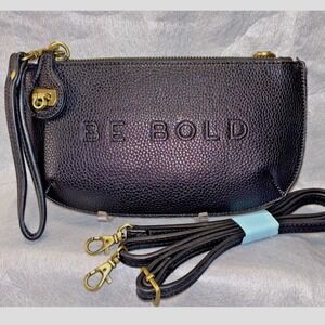 Demdaco BE BOLD Black Faux Leather Crossbody Wristlet Turnlock Zip Antique Brass